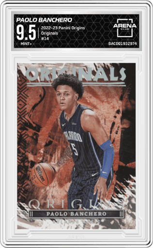 Paolo Banchero from the 2022-23 Panini Origins set graded by Arena Club and given an overall grade of 9.5.