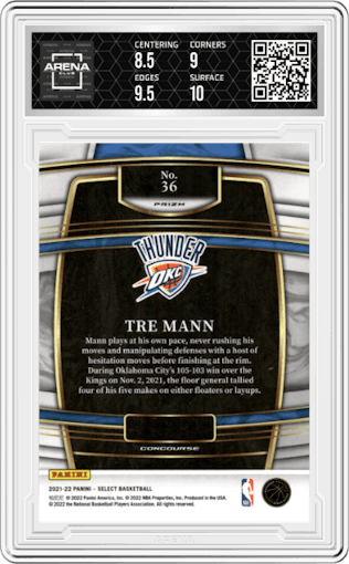 Tre Mann from the 2021-22 Panini Select set featuring a Disco parallel graded by Arena Club and given an overall grade of 9.