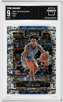 Tre Mann from the 2021-22 Panini Select set featuring a Disco parallel graded by Arena Club and given an overall grade of 9.