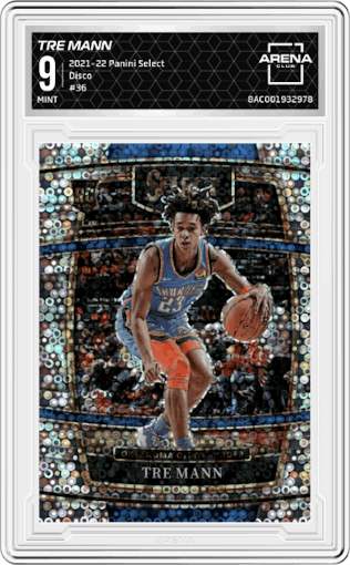 Tre Mann from the 2021-22 Panini Select set featuring a Disco parallel graded by Arena Club and given an overall grade of 9.