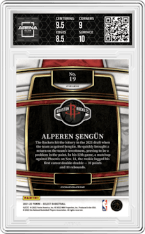 Alperen Sengun from the 2021-22 Panini Select set featuring a Silver Prizm parallel graded by Arena Club and given an overall grade of 9.