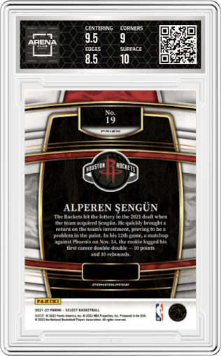 Alperen Sengun from the 2021-22 Panini Select set featuring a Silver Prizm parallel graded by Arena Club and given an overall grade of 9.