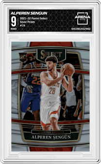 Alperen Sengun from the 2021-22 Panini Select set featuring a Silver Prizm parallel graded by Arena Club and given an overall grade of 9.