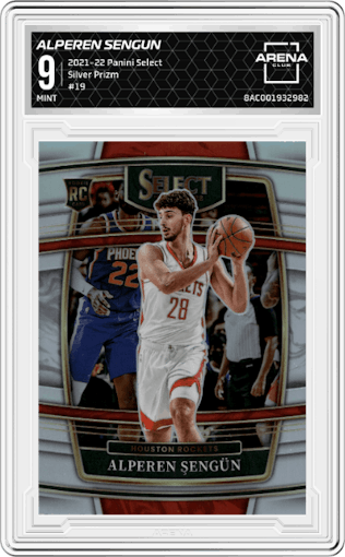 Alperen Sengun from the 2021-22 Panini Select set featuring a Silver Prizm parallel graded by Arena Club and given an overall grade of 9.