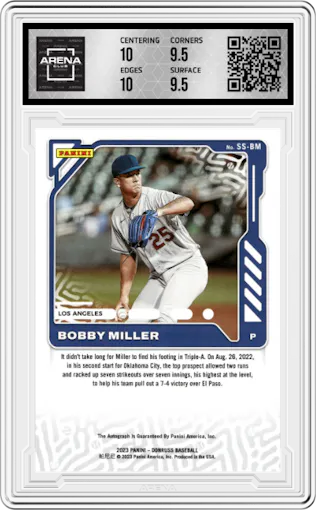 Bobby Miller from the 2023 Panini Donruss set featuring a Gold parallel graded by Arena Club and given an overall grade of 10.