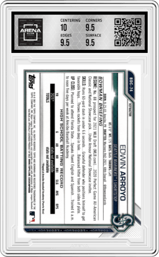 Edwin Arroyo from the 2021 Bowman Draft set featuring a Refractor parallel graded by Arena Club and given an overall grade of 10.