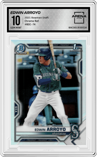 Edwin Arroyo from the 2021 Bowman Draft set featuring a Refractor parallel graded by Arena Club and given an overall grade of 10.