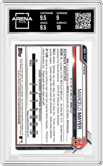 Marcelo Mayer from the 2021 Bowman Draft set featuring a Refractor parallel graded by Arena Club and given an overall grade of 9.5.