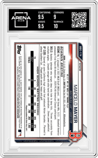 Marcelo Mayer from the 2021 Bowman Draft set featuring a Refractor parallel graded by Arena Club and given an overall grade of 9.5.