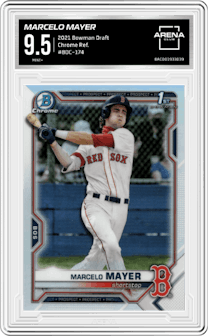 Marcelo Mayer from the 2021 Bowman Draft set featuring a Refractor parallel graded by Arena Club and given an overall grade of 9.5.