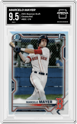 Marcelo Mayer from the 2021 Bowman Draft set featuring a Refractor parallel graded by Arena Club and given an overall grade of 9.5.