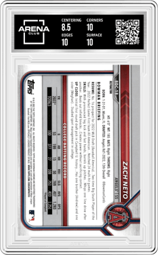 Zach Neto from the 2022 Bowman Draft set graded by Arena Club and given an overall grade of 9.