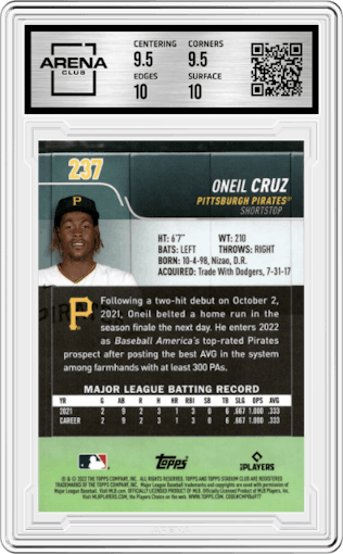 Oneil Cruz from the 2022 Stadium Club Chrome set graded by Arena Club and given an overall grade of 10.