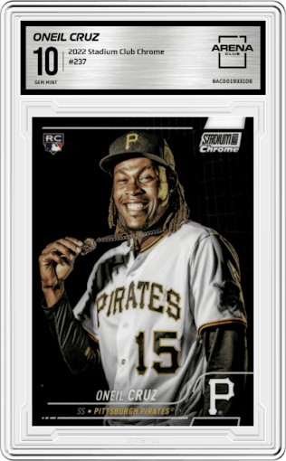 Oneil Cruz from the 2022 Stadium Club Chrome set graded by Arena Club and given an overall grade of 10.