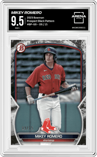 Mikey Romero from the 2023 Bowman  set featuring a Black Pattern parallel graded by Arena Club and given an overall grade of 9.5.