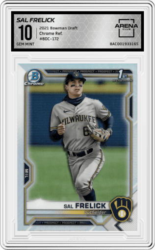 Sal Frelick from the 2021 Bowman Draft set featuring a Refractor parallel graded by Arena Club and given an overall grade of 10.