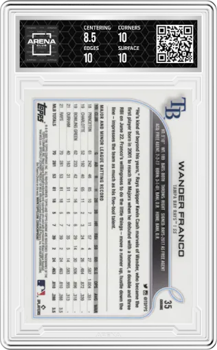 Wander Franco from the 2022 Topps Chrome set graded by Arena Club and given an overall grade of 9.