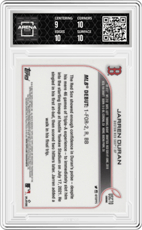 Jarren Duran from the 2022 Topps Chrome Update set featuring a Purple Refractor parallel graded by Arena Club and given an overall grade of 9.5.