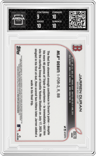 Jarren Duran from the 2022 Topps Chrome Update set featuring a Purple Refractor parallel graded by Arena Club and given an overall grade of 9.5.