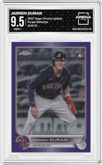 Jarren Duran from the 2022 Topps Chrome Update set featuring a Purple Refractor parallel graded by Arena Club and given an overall grade of 9.5.