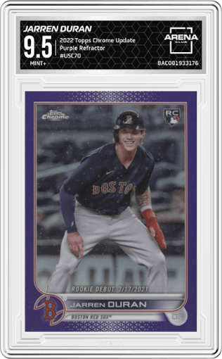 Jarren Duran from the 2022 Topps Chrome Update set featuring a Purple Refractor parallel graded by Arena Club and given an overall grade of 9.5.
