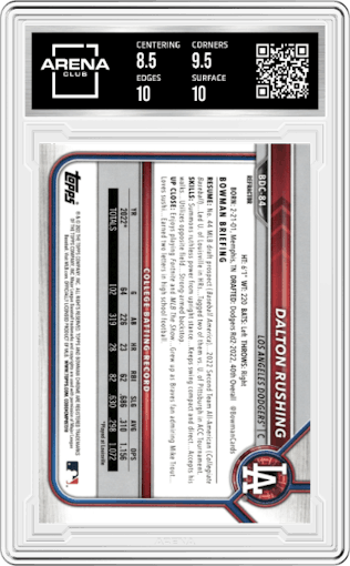 Dalton Rushing from the 2022 Bowman Draft set featuring a Refractor parallel graded by Arena Club and given an overall grade of 9.