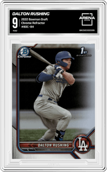 Dalton Rushing from the 2022 Bowman Draft set featuring a Refractor parallel graded by Arena Club and given an overall grade of 9.