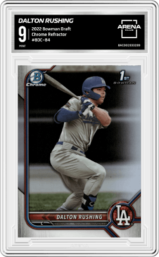 Dalton Rushing from the 2022 Bowman Draft set featuring a Refractor parallel graded by Arena Club and given an overall grade of 9.