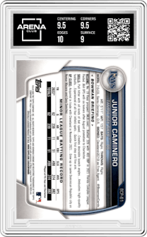 Junior Caminero from the 2023 Bowman  set graded by Arena Club and given an overall grade of 9.5.
