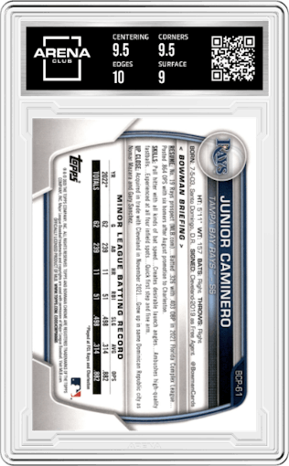 Junior Caminero from the 2023 Bowman  set graded by Arena Club and given an overall grade of 9.5.