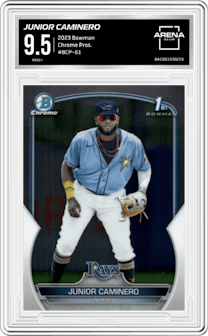 Junior Caminero from the 2023 Bowman  set graded by Arena Club and given an overall grade of 9.5.