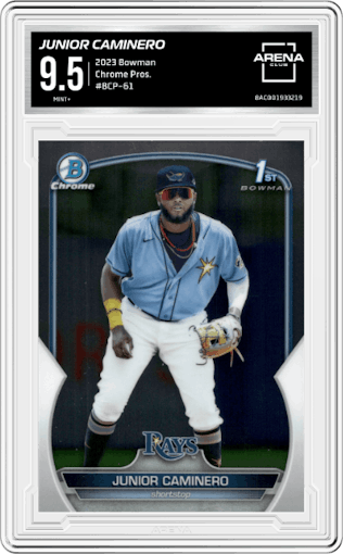 Junior Caminero from the 2023 Bowman  set graded by Arena Club and given an overall grade of 9.5.
