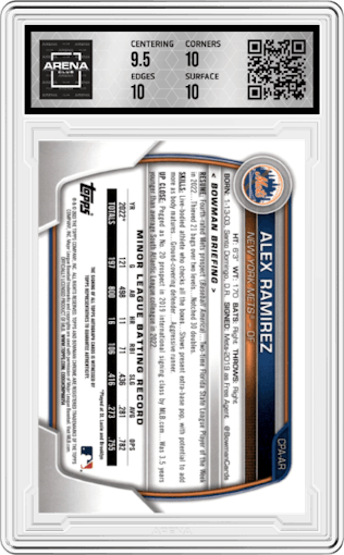 Alex Ramirez from the 2023 Bowman  set graded by Arena Club and given an overall grade of 10.