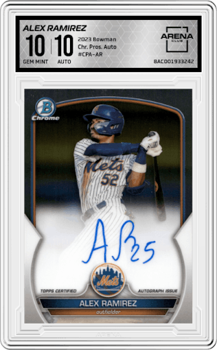 Alex Ramirez from the 2023 Bowman  set graded by Arena Club and given an overall grade of 10.