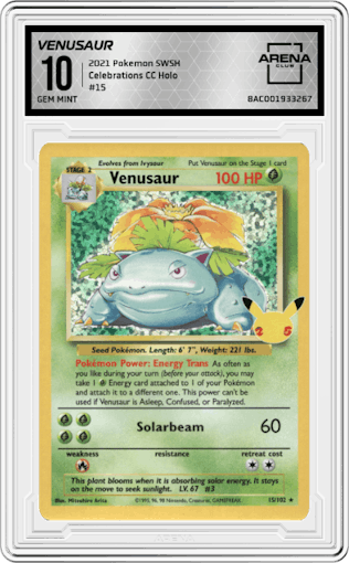 Venusaur from the 2021 Pokemon SWSH set graded by Arena Club and given an overall grade of 10.