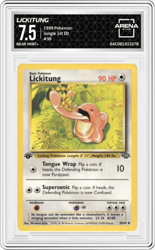 Lickitung from the 1999 Pokemon set graded by Arena Club and given an overall grade of 7.5.