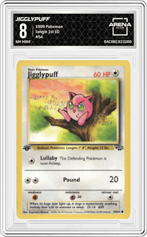 Jigglypuff from the 1999 Pokemon set graded by Arena Club and given an overall grade of 8.