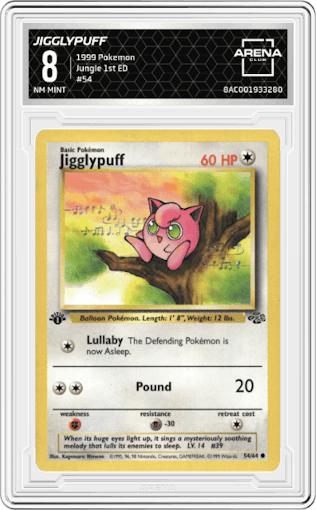 Jigglypuff from the 1999 Pokemon set graded by Arena Club and given an overall grade of 8.