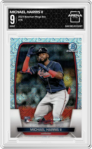 Michael Harris II from the 2023 Bowman Mega Box set graded by Arena Club and given an overall grade of 9.