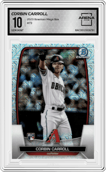 Corbin Carroll from the 2023 Bowman Mega Box set graded by Arena Club and given an overall grade of 10.