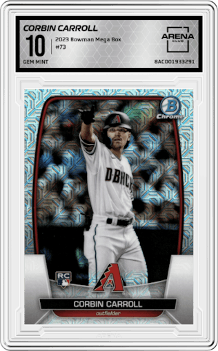 Corbin Carroll from the 2023 Bowman Mega Box set graded by Arena Club and given an overall grade of 10.
