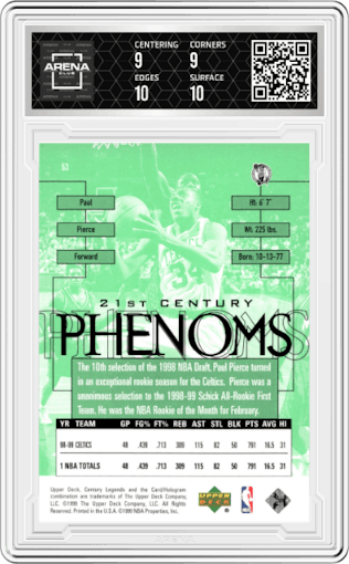 Paul Pierce from the 1998-99 Upper Deck Century Legends set graded by Arena Club and given an overall grade of 9.5.