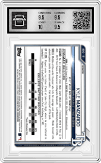 Kyle Manzardo from the 2021 Bowman Draft set featuring a Refractor parallel graded by Arena Club and given an overall grade of 10.