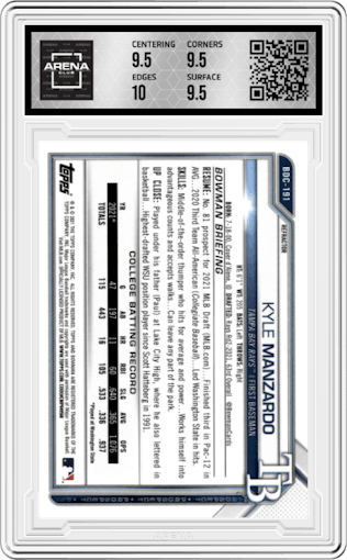 Kyle Manzardo from the 2021 Bowman Draft set featuring a Refractor parallel graded by Arena Club and given an overall grade of 10.