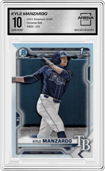 Kyle Manzardo from the 2021 Bowman Draft set featuring a Refractor parallel graded by Arena Club and given an overall grade of 10.