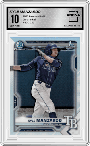 Kyle Manzardo from the 2021 Bowman Draft set featuring a Refractor parallel graded by Arena Club and given an overall grade of 10.