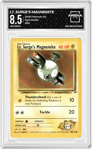 Lt. Surge's Magnemite from the 2000 Pokemon GH set graded by Arena Club and given an overall grade of 8.5.