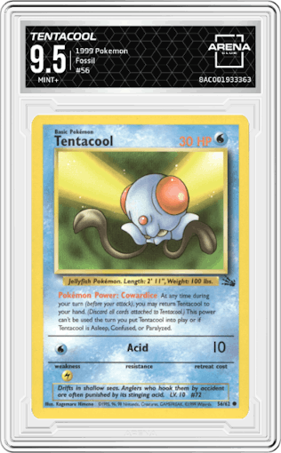Tentacool from the 1999 Pokemon set graded by Arena Club and given an overall grade of 9.5.