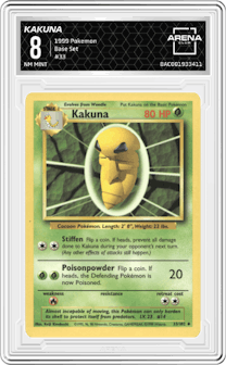 Kakuna from the 1999 Pokemon set graded by Arena Club and given an overall grade of 8.