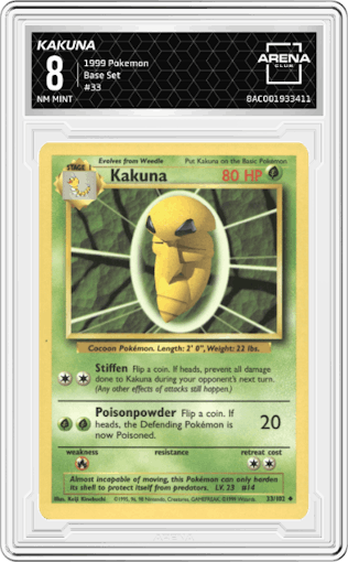 Kakuna from the 1999 Pokemon set graded by Arena Club and given an overall grade of 8.